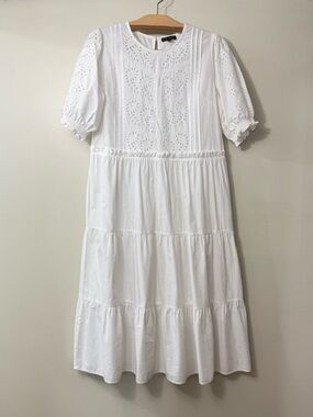 100% COTTON MYSTIC THREADS WHITE EYELET TIERED MIDI DRESS PUFF SLEEVES